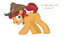 Size: 2008x1173 | Tagged: suggestive, artist:acstlu, derpibooru import, half baked apple, earth pony, pony, apple family member, background pony, bucktooth, cowboy hat, featureless crotch, hat, male, plot, presenting, simple background, solo, solo male, stallion