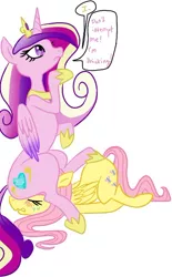 Size: 414x669 | Tagged: artist:purplekecleon, blushing, derpibooru import, eyes closed, flutterbuse, flutterseat, fluttershy, frown, gritted teeth, princess cadance, prone, purplekecleon, safe, sitting, speech bubble, sweat, thinking