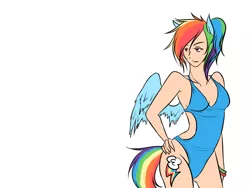 Size: 1200x900 | Tagged: artist:pinkenvy, blue swimsuit, clothes, cutie mark on human, derpibooru import, eared humanization, female, hand on hip, human, humanized, one-piece swimsuit, open-back swimsuit, rainbow dash, safe, simple background, solo, swimsuit, tailed humanization, white background, winged humanization, wings