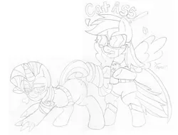 Size: 2700x2050 | Tagged: suggestive, artist:blackbewhite2k7, derpibooru import, rainbow dash, rarity, pegasus, pony, unicorn, batman, bedroom eyes, bipedal, catwoman, clothes, costume, crossover, dat butt, female, leather, lesbian, looking back, meme, monochrome, parody, plot, raridash, shipping, sketch, skintight clothes, spread wings, stretching, sunglasses, the ass was fat, wingboner, wings, wip