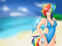 Size: 1200x900 | Tagged: artist:pinkenvy, beach, blue swimsuit, clothes, cutie mark on human, derpibooru import, eared humanization, female, hand on hip, human, humanized, one-piece swimsuit, open-back swimsuit, rainbow dash, safe, solo, swimsuit, tailed humanization, winged humanization, wings