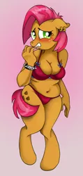Size: 356x750 | Tagged: anthro, artist:susiebeeca, babs seed, bbw, belly button, bikini, blushing, bracelet, breasts, busty babs seed, chocolate, chubby, clothes, derpibooru import, ear piercing, earring, edit, freckles, jewelry, muffin top, piercing, spiked wristband, suggestive, swimsuit, unguligrade anthro