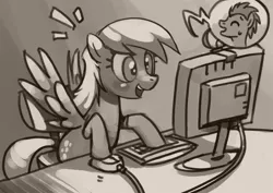 Size: 702x496 | Tagged: safe, artist:bittenhard, derpibooru import, derpy hooves, doctor whooves, time turner, pegasus, pony, blushing, computer, female, mare, monochrome, open mouth, smiling, spread wings