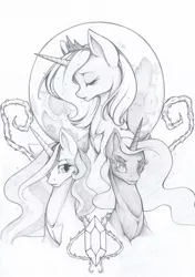 Size: 844x1196 | Tagged: safe, artist:longinius, derpibooru import, nightmare moon, princess celestia, princess luna, alicorn, pony, female, grayscale, mare, monochrome, traditional art