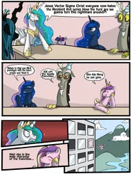 Size: 1164x1526 | Tagged: artist:crystal-secret, comic, derpibooru import, discord, employer meme, exploitable meme, hejibits, princess cadance, princess celestia, princess luna, queen chrysalis, resident evil, safe, trixie, twilight sparkle, vulgar