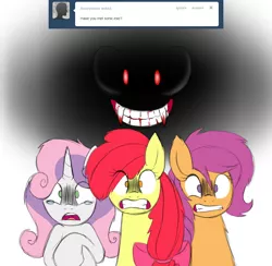 Size: 1024x1000 | Tagged: apple bloom, ask, cutie mark crusaders, derpibooru import, safe, scared, scootaloo, sweetie belle, teenage crusaders answers, teenager, tumblr