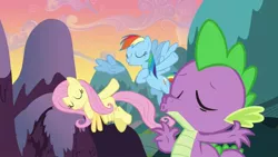 Size: 1136x640 | Tagged: animation error, crystal empire, crystal empire (episode), crystal empire part 2, derpibooru import, eyes closed, failure success song, failure sucess song, fluttershy, kissy face, rainbow dash, safe, screencap, singing, song, spike, the crystal empire, the crystal empire (episode), the crystal empire part two, the success song