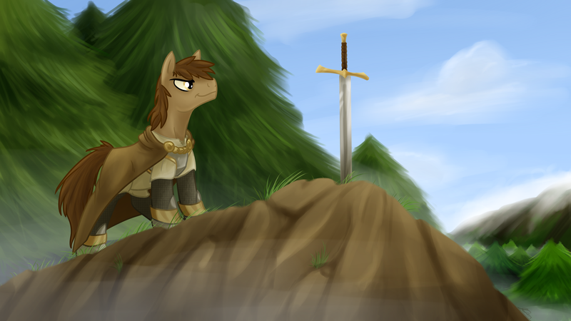 Size: 2880x1620 | Tagged: armor, cape, chainmail, clothes, crossover, derpibooru import, forest, king arthur, ponified, safe, sword, sword in the stone