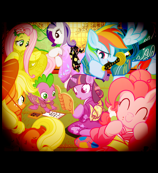 Size: 1205x1320 | Tagged: safe, artist:zat, derpibooru import, applejack, fluttershy, pinkie pie, rainbow dash, rarity, spike, twilight sparkle, dragon, earth pony, pegasus, pony, unicorn, bipedal, book, clothes, eyes closed, female, japanese, kimono (clothing), mane seven, mane six, mare, open mouth, pixiv, reading, smiling, sword, writing