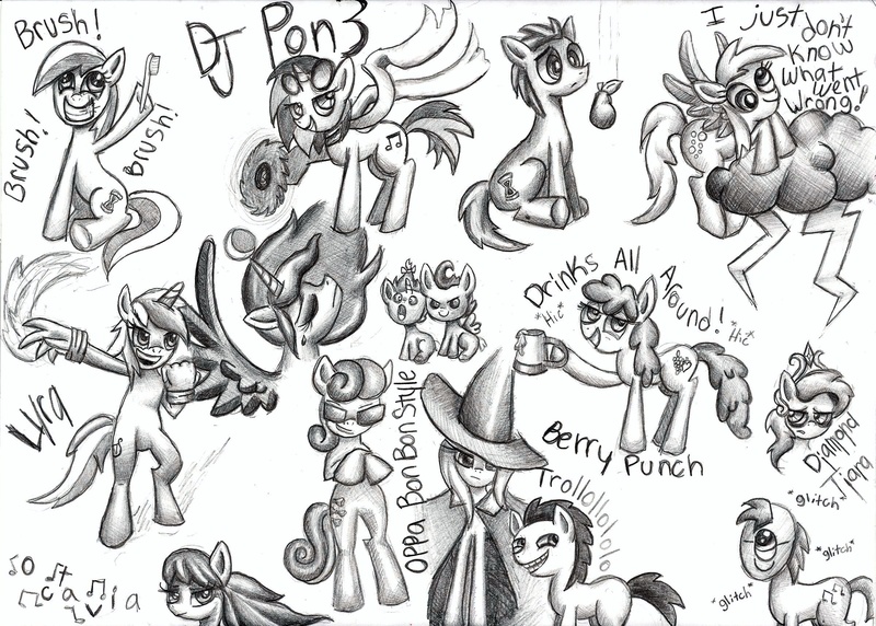 Size: 2400x1716 | Tagged: safe, artist:thecheeseburger, derpibooru import, berry punch, berryshine, blues, bon bon, derpy hooves, diamond tiara, doctor whooves, lyra heartstrings, minuette, noteworthy, octavia melody, pound cake, princess luna, pumpkin cake, sweetie drops, time turner, trixie, vinyl scratch, oc, cyclops, pony, alcohol, bipedal, cider, crying, dialogue, donny swineclop, drunk, grayscale, grin, hand, happy, lightning, monochrome, pear, raincloud, sad, smiling, sunglasses, toothbrush, traditional art
