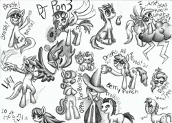 Size: 2400x1716 | Tagged: safe, artist:thecheeseburger, derpibooru import, berry punch, berryshine, blues, bon bon, derpy hooves, diamond tiara, doctor whooves, lyra heartstrings, minuette, noteworthy, octavia melody, pound cake, princess luna, pumpkin cake, sweetie drops, time turner, trixie, vinyl scratch, oc, cyclops, pony, alcohol, bipedal, cider, crying, dialogue, donny swineclop, drunk, grayscale, grin, hand, happy, lightning, monochrome, pear, raincloud, sad, smiling, sunglasses, toothbrush, traditional art
