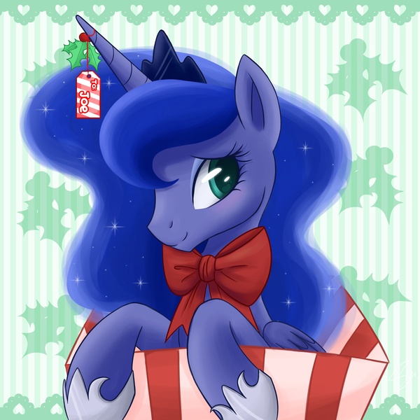 Size: 3000x3000 | Tagged: safe, artist:steffy-beff, derpibooru import, princess luna, pony, bow, box, christmas, cute, lunabetes, pony in a box, present, solo