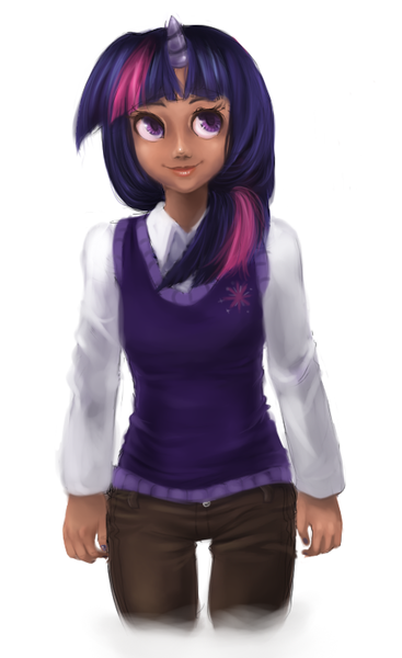 Size: 452x739 | Tagged: artist:moon-beams, derpibooru import, horned humanization, humanized, safe, solo, sweater vest, twilight sparkle