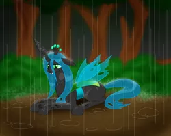 Size: 1198x952 | Tagged: artist:livinlovindude, changeling, changeling queen, derpibooru import, female, queen chrysalis, rain, safe, solo, wet mane