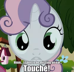 Size: 591x571 | Tagged: safe, derpibooru import, edit, edited screencap, screencap, sweetie belle, stare master, animation error, cropped, image macro, missing ear, solo, the simpsons