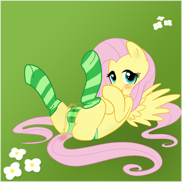 Size: 1000x1000 | Tagged: artist:highlevelteen, blushing, cameltoe, clothes, covering face, cute wetting, edit, female, flower, fluttershy, gradient background, green underwear, looking at you, on back, panties, pantypee, pissing, pissing on tail, questionable, socks, solo, solo female, striped socks, striped underwear, underwear, urine, watersports, wet panties, wetting, wings