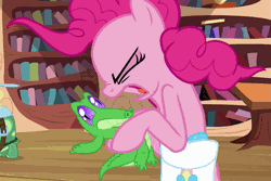 Size: 1077x720 | Tagged: animated, derpibooru import, golden oaks library, gummy, just for sidekicks, library, pinkie pie, safe, tank, yelling