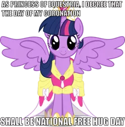 Size: 573x581 | Tagged: safe, derpibooru import, twilight sparkle, twilight sparkle (alicorn), alicorn, pony, bronybait, c:, cute, female, hug, image macro, mare, royal decree, simple background, smiling, solo, spread wings, text, transparent background, vector