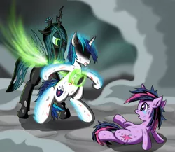 Size: 1500x1300 | Tagged: grimdark, artist:ziemniax, derpibooru import, queen chrysalis, shining armor, twilight sparkle, changeling, changeling queen, pony, unicorn, a canterlot wedding, bad end, blood, crying, death, female, male, mare, one piece, parody, sacrifice, self sacrifice, stallion, unicorn twilight