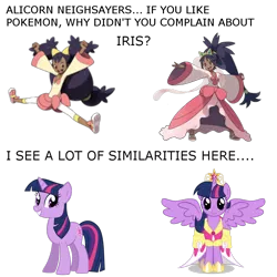 Size: 1000x1000 | Tagged: alicorn, alicorn drama, big crown thingy, clothes, comparison, coronation dress, crown, derpibooru import, dress, human, iris (pokémon), magical mystery cure, pokémon, pokémon black and white, safe, text, twilight sparkle, twilight sparkle (alicorn)