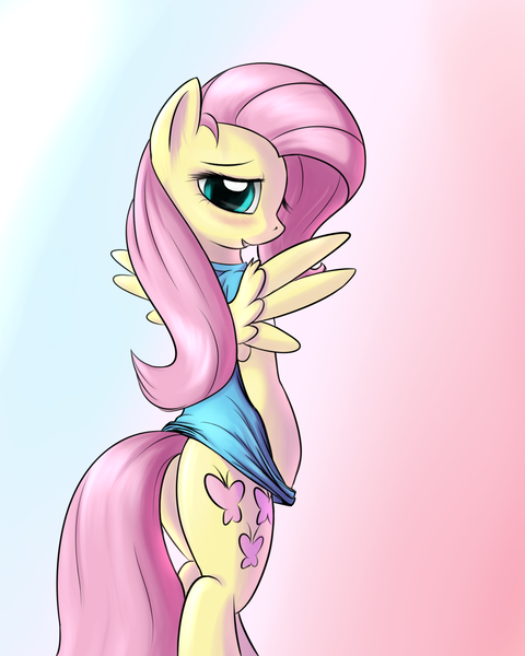 Size: 1200x1500 | Tagged: suggestive, artist:sokolas, derpibooru import, fluttershy, pony, semi-anthro, adorasexy, bipedal, blushing, bottomless, clothes, cute, flutterbutt, looking at you, plot, sexy, shirt, shyabetes, spread wings, wings