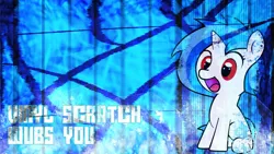 Size: 1366x768 | Tagged: safe, artist:3ight8it, artist:valcron, derpibooru import, vinyl scratch, pony, unicorn, female, filly, foal, hooves, horn, open mouth, sitting, solo, text, vector, wallpaper