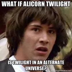 Size: 400x400 | Tagged: safe, derpibooru import, magical mystery cure, alicorn drama, all caps, conspiracy keanu, exploitable meme, impact font, meme