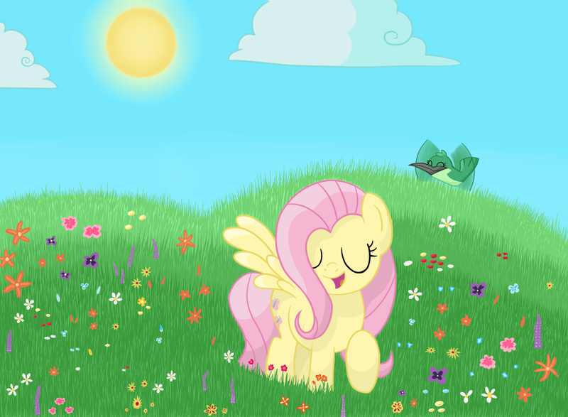 Size: 947x695 | Tagged: artist:fluttershyfree, derpibooru import, fluttershy, hummingbird, safe, solo