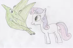 Size: 3137x2077 | Tagged: artist:wesdaaman, claire corlett, crossover, derpibooru import, dinosaur train, pteranodon, safe, sweetie belle, tiny pteranodon, traditional art