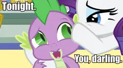 Size: 763x425 | Tagged: safe, derpibooru import, edit, edited screencap, screencap, rarity, spike, the crystal empire, aqua teen hunger force, bedroom eyes, caption, darling, female, image macro, male, shipping, sparity, straight, tonight you