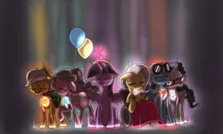 Size: 2000x1200 | Tagged: safe, artist:valcron, derpibooru import, applejack, discord, fluttershy, pinkie pie, rainbow dash, rarity, twilight sparkle, twilight sparkle (alicorn), alicorn, pony, balloon, big crown thingy, elderly, element of generosity, element of harmony, element of honesty, element of kindness, element of laughter, element of loyalty, element of magic, elements of harmony, female, glasses, good end, mane six, mare, old, older, rarity's glasses, wheelchair