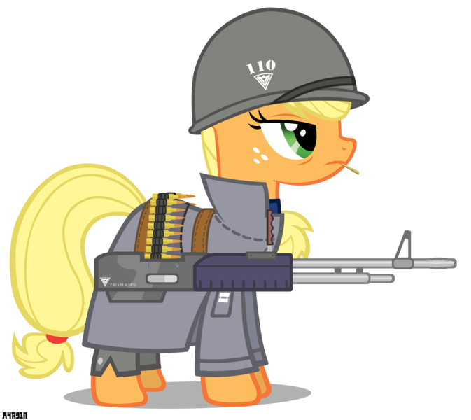 Size: 2500x2230 | Tagged: allied nations, applejack, artist:a4r91n, clothes, command and conquer, crossover, derpibooru import, m60, machine gun, military, red alert, safe, simple background, transparent background, uniform, vector