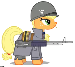 Size: 2500x2230 | Tagged: allied nations, applejack, artist:a4r91n, clothes, command and conquer, crossover, derpibooru import, m60, machine gun, military, red alert, safe, simple background, transparent background, uniform, vector