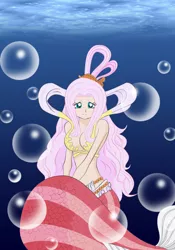 Size: 1683x2400 | Tagged: artist:chuymaru, artist:chuyryu, cleavage, crossover, derpibooru import, female, fluttershy, mermaid, mermaidized, one piece, princess shirahoshi, safe, underwater
