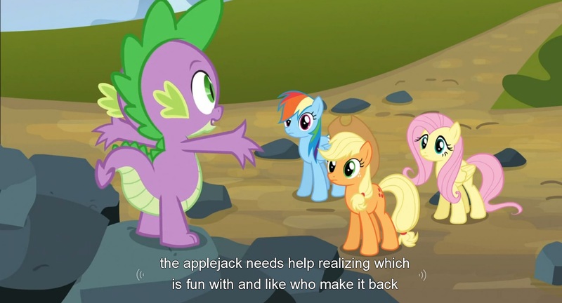 Size: 1598x863 | Tagged: safe, derpibooru import, screencap, applejack, fluttershy, rainbow dash, spike, dragon, earth pony, pony, spike at your service, female, male, mare, youtube caption, youtube link