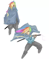 Size: 784x944 | Tagged: artist:sundown, derpibooru import, humanized, katana, rainbow dash, safe, sword, weapon