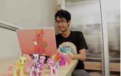 Size: 500x315 | Tagged: big macintosh, brushable, derpibooru import, fluttershy, glasses, human, irl, irl human, macbook, photo, pinkie pie, princess celestia, rainbow dash, rarity, safe, singapore, toy, twilight sparkle