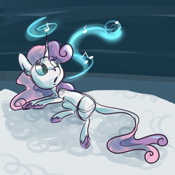 Size: 1000x1000 | Tagged: artist:ponygoggles, classical unicorn, derpibooru import, glow, leonine tail, magic, safe, singing, snow, solo, sweetie belle