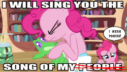 Size: 600x338 | Tagged: safe, derpibooru import, gummy, pinkie pie, animated, fourth wall, image macro, song of my people