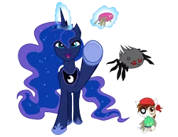 Size: 3300x2550 | Tagged: safe, artist:c-quel, derpibooru import, pipsqueak, princess luna, alicorn, earth pony, pony, spider, colt, female, male, mare, mouth hold, pinto, pirate costume, simple background, throwing, transparent background, vector