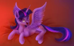 Size: 900x570 | Tagged: safe, artist:mn27, derpibooru import, twilight sparkle, twilight sparkle (alicorn), alicorn, pony, bed, cute, female, open mouth, smiling, solo, spread wings, twiabetes, wings