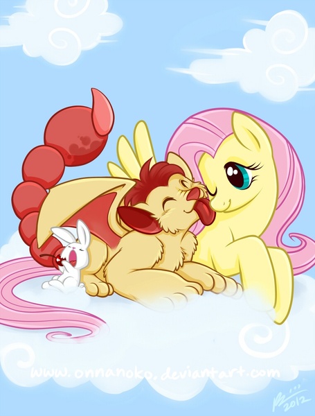 Size: 759x1000 | Tagged: angel bunny, artist:onnanoko, cherry, cloud, cloudy, derpibooru import, fluttershy, manticore, safe, young