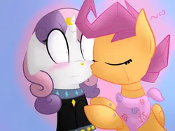 Size: 1280x960 | Tagged: artist:gypsycuddles, blushing, derpibooru import, female, kissing, lesbian, meanie belle, safe, scootabelle, scootabot, scootaloo, shipping, sweetie belle