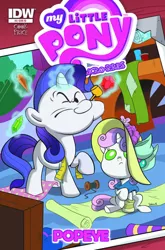 Size: 329x500 | Tagged: safe, artist:jimmytrius, artist:sibsy, derpibooru import, edit, idw, rarity, sweetie belle, pony, baby, baby belle, baby pony, comic, cover, fabric, filly, foal, gem, magic, parody, pipe, popeye, rareye the sailormare