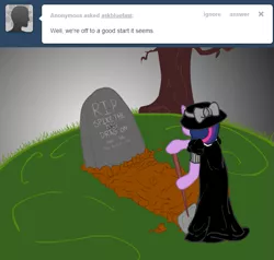 Size: 641x610 | Tagged: artist:bluefast, derpibooru import, grave, gravestone, implied death, pun, safe, shovel, twilight sparkle