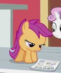 Size: 479x574 | Tagged: animated, cropped, cute, cutealoo, derpibooru import, duo, female, filly, foal, foal free press, mouth hold, newspaper, offscreen character, ponyville confidential, ponyville schoolhouse, safe, school, scootaloo, screencap, sweetie belle