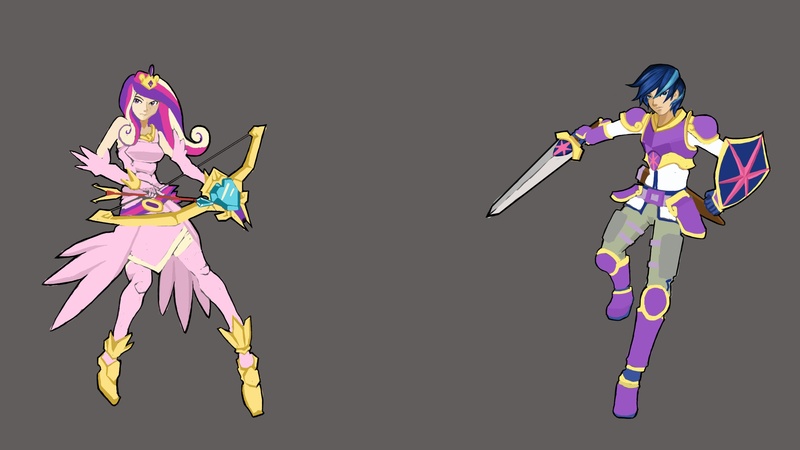 Size: 2400x1350 | Tagged: armor, arrow, artist:valornomad, bow and arrow, bow (weapon), derpibooru import, duality, humanized, princess cadance, safe, shield, shining armor, sword, weapon, wip