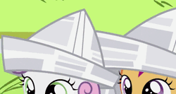 Size: 688x366 | Tagged: animated, boat, derpibooru import, edit, edited screencap, hat, papercraft, paper hat, pinkie pie, ponyville confidential, river, safe, scootaloo, screencap, sinking, sweetie belle, water