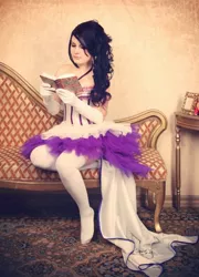 Size: 460x640 | Tagged: artist:elvish, book, clothes, cosplay, derpibooru import, human, irl, irl human, missing shoes, photo, rarity, reading, safe, socks, solo, stockings