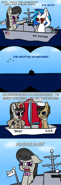 Size: 640x1920 | Tagged: safe, artist:scramjet747, derpibooru import, doctor whooves, octavia melody, time turner, vinyl scratch, boat, comic, dinkleberg, doctavia, duality, female, lesbian, male, russia, scratchtavia, shipping, shipping war, straight